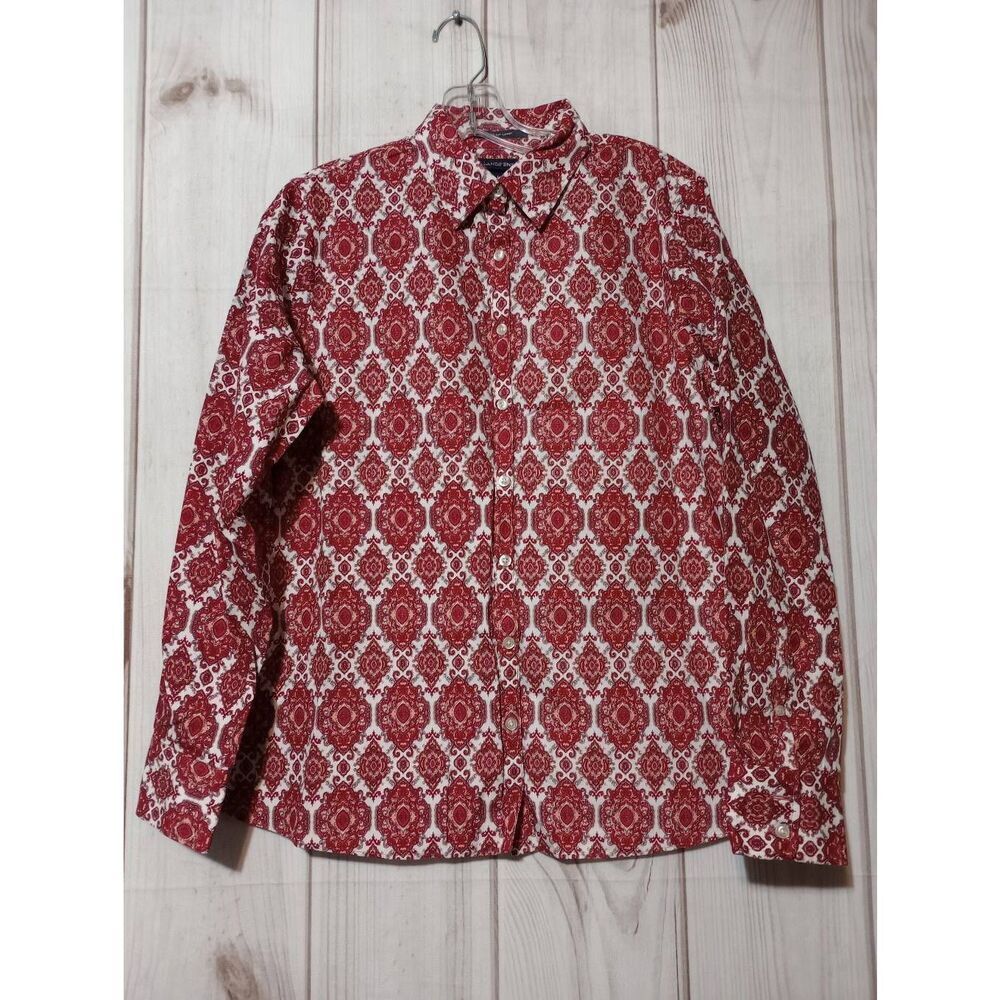 Land's End Shirt Ladies 14 Maroon Button Front Long Sleeve Geometric‎